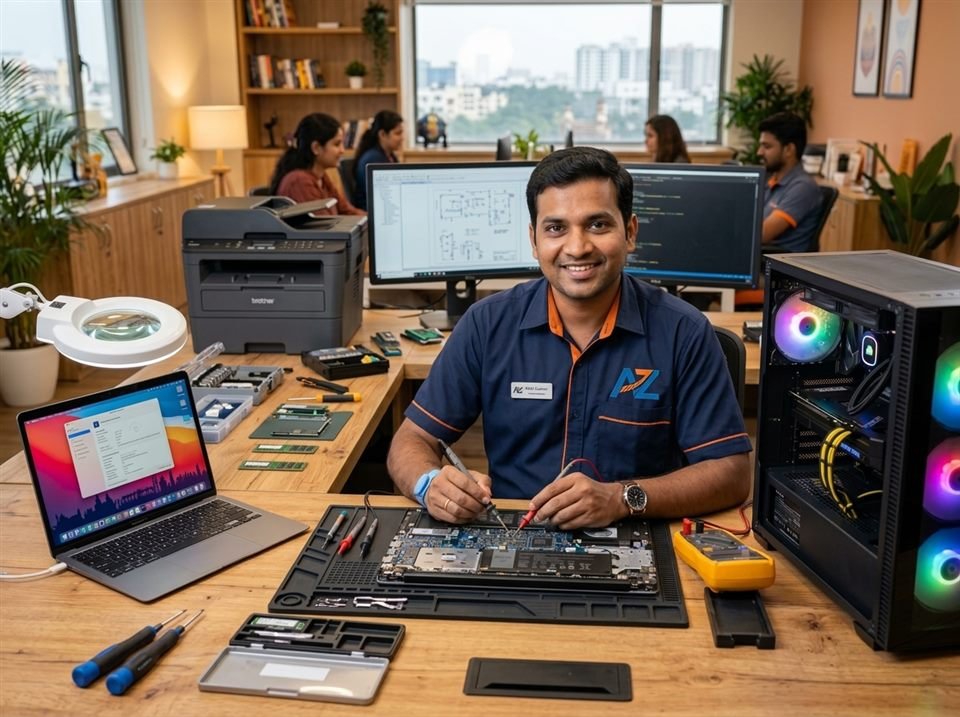 AZ Door Step Computer Laptop Service hardware engineer diagnosing laptop motherboard, MacBook, desktop computer and printer in Hyderabad